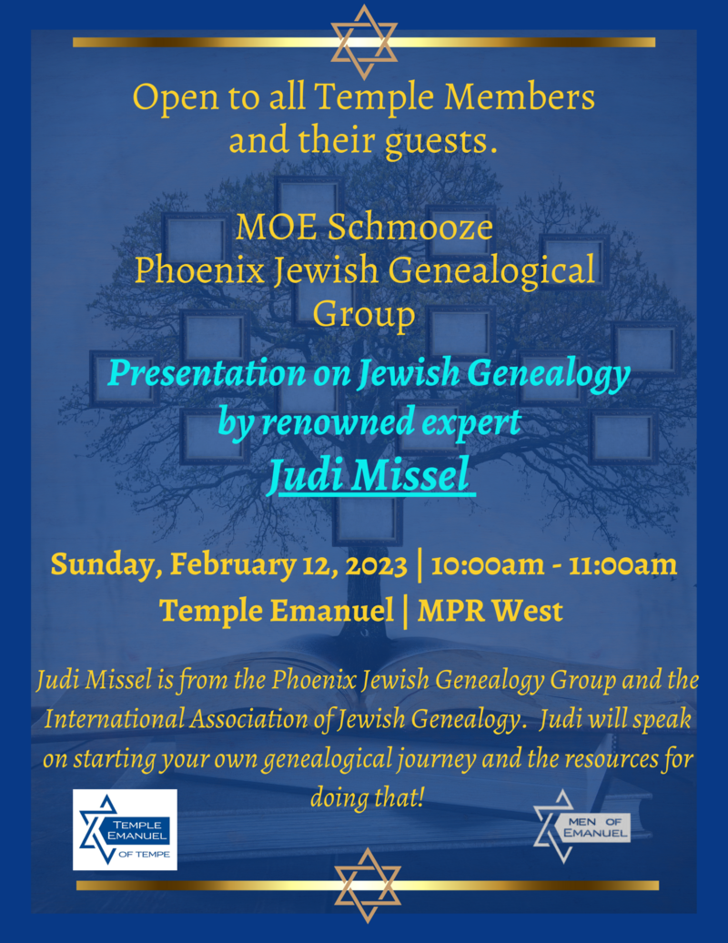 Banner Image for MOE Schmooze: Phoenix Jewish Genealogical Group Presentation